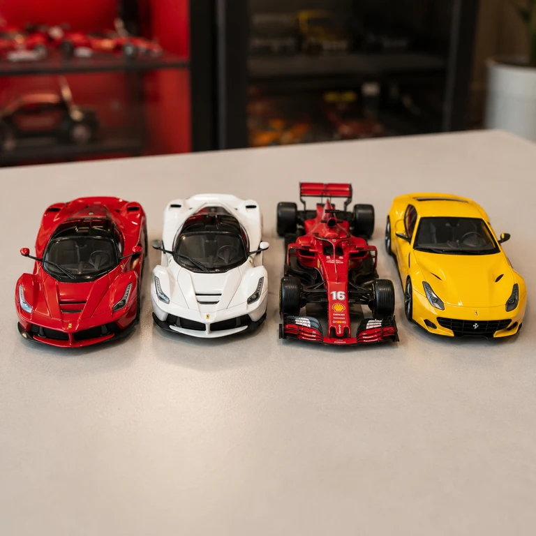 Quatro miniaturas Ferrari, nas cores vermelha, branca e amarela, lado a lado.