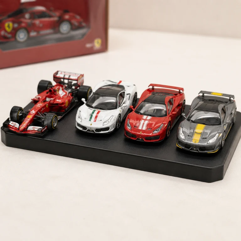 Quatro miniaturas Ferrari em uma base de exposição preta.
