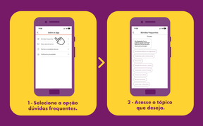 Ilustração de telas de celular indicando como acessar a aba Dúvidas Frequentes no app