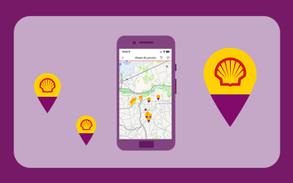 Ilustração de tela de celular exibindo o Google Maps e alguns pins indicando localização dos postos Shell