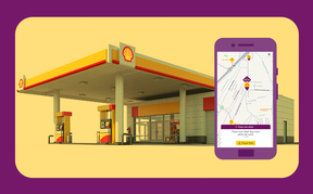 Ilustração de um posto e uma tela de celular com mapa com apontamento de localização de postos Shell. Ao fundo, uma imagem esmaecida de um posto Shell.