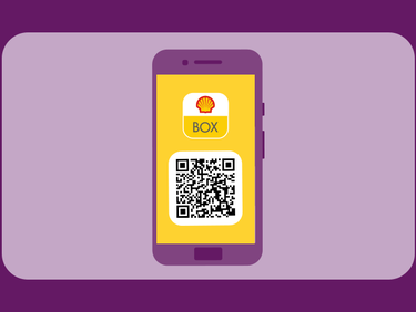 Ilustração de tela de celular com QR Code e logo do Shell Box aplicados