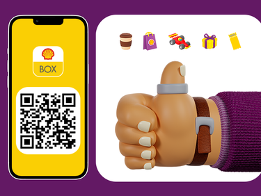 Ilustração de tela de celular com QR Code e logo do Shell Box aplicados