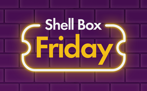 Imagem com fundo Roxo e selo de Shell Box Friday