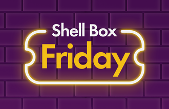 Imagem com fundo Roxo e selo de Shell Box Friday