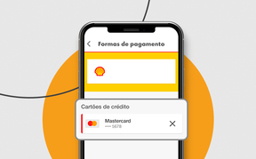 Celular na tela de pagamento do app Shell Box com a opção Mastercard selecionada.