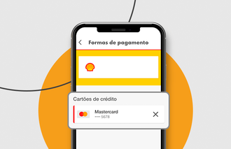 Celular na tela de pagamento do app Shell Box com a opção Mastercard selecionada.