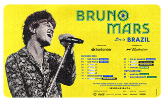 Fundo amarelo com foto do Bruno Mars para divulgação de shows